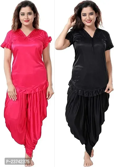 Elegant Multicoloured Satin Solid Nighty Set For Women Pack Of 2-thumb0