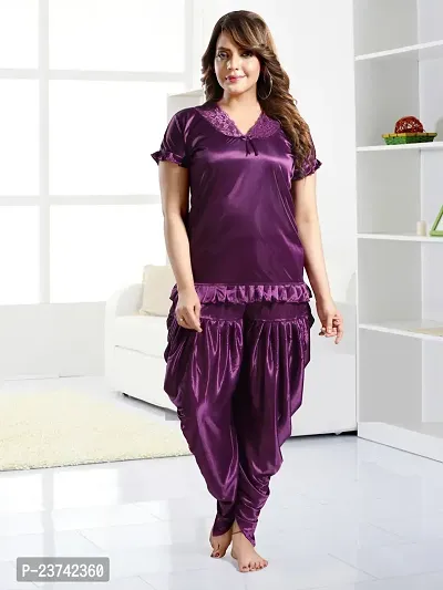 Elegant Purple Satin Solid Nighty Set For Women-thumb0