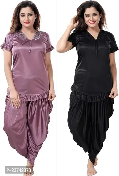 Elegant Multicoloured Satin Solid Nighty Set For Women Pack Of 2