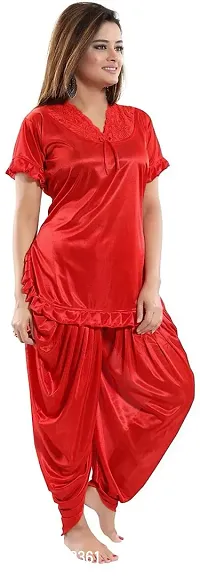 Elegant Red Satin Solid Nighty Set For Women-thumb0