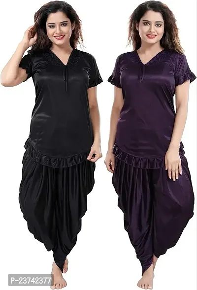 Elegant Multicoloured Satin Solid Nighty Set For Women Pack Of 2