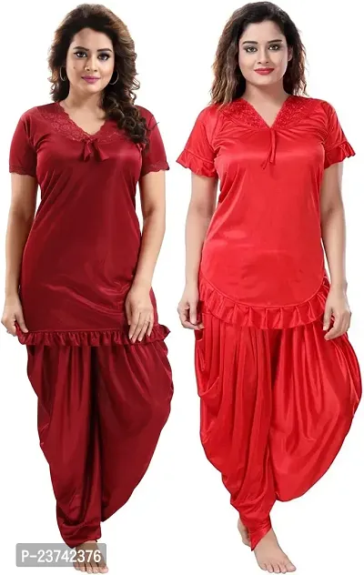 Elegant Multicoloured Satin Solid Nighty Set For Women Pack Of 2-thumb0