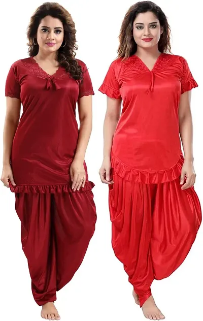 Women fancy Satin Dhoti top nightsuit For Stylish women( Maroon,Onion