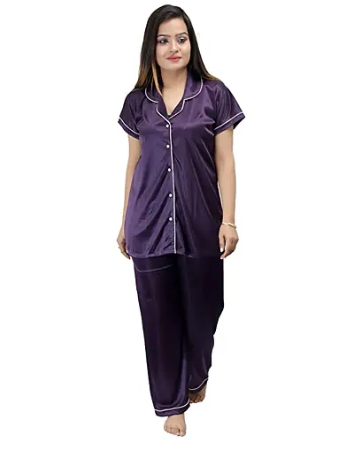 Manthan- Women's Satin Solid Night Suit Set ( Purple)