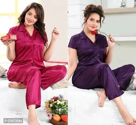 Classic Satin Solid Top and Pyjama Nighty set for Women, Pack of 2-(Wine, Purple)