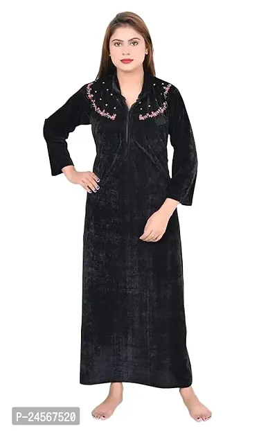 Women's Full Length Solid Velvet Nighty For Winter Wear Nightdress Sleepwear And Lounge Wear Nighty (Black)-thumb0