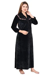 Women's Full Length Solid Velvet Nighty For Winter Wear Nightdress Sleepwear And Lounge Wear Nighty (Black)-thumb2