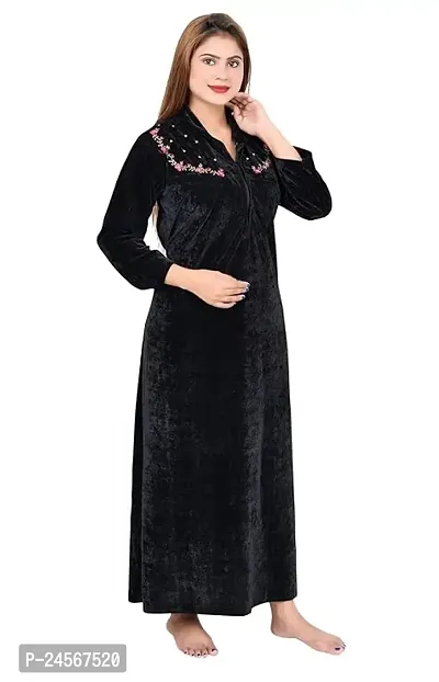 Women's Full Length Solid Velvet Nighty For Winter Wear Nightdress Sleepwear And Lounge Wear Nighty (Black)-thumb3