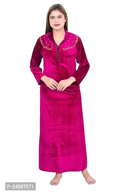 Women's Women's Velvet Warm Fabric Women Maxi Woolen Nighty/Warm Shaneel/Velvet Nighty, Fabric Woolen Maxi Night Gown/ Nighty for Women (Wine)