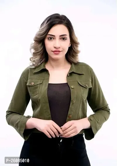 Stylish Green Self Pattern Denim Jacket For Women