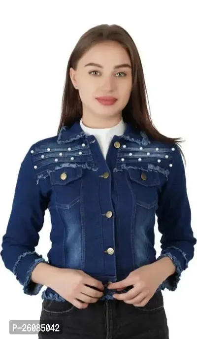 Stylish Blue Self Pattern Denim Jacket For Women