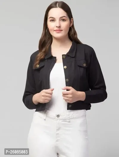 Stylish Black Self Pattern Denim Jacket For Women-thumb0