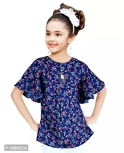 Stylish Blue Cotton Blend Printed Casual Top For Girls-thumb0