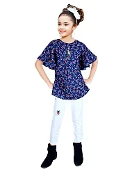 Stylish Blue Cotton Blend Printed Casual Top For Girls-thumb1