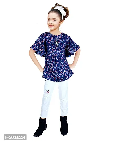 Stylish Blue Cotton Blend Printed Casual Top For Girls-thumb2