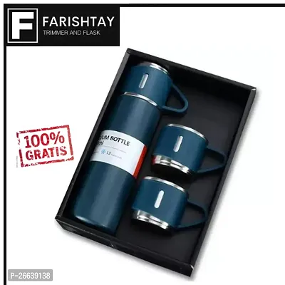 FARISHTAY  Latest Steel Vacuum Flask Set with 3 Stainless Steel Cups Combo - 500ml - Keeps HOT/Cold | Ideal Gift for Winter - Housewarming Random Color-thumb0