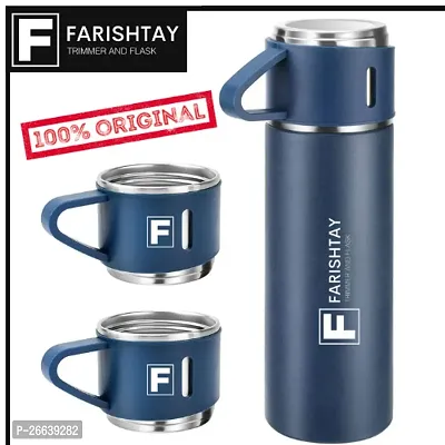 FARISHTAY  Latest Steel Vacuum Flask Set with 3 Stainless Steel Cups Combo - 500ml - Keeps HOT/Cold | Ideal Gift for Winter - Housewarming Random Color-thumb0