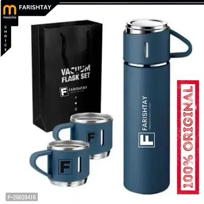 FARISHTAY  Latest Steel Vacuum Flask Set with 3 Stainless Steel Cups Combo - 500ml - Keeps HOT/Cold | Ideal Gift for Winter - Housewarming Random Color