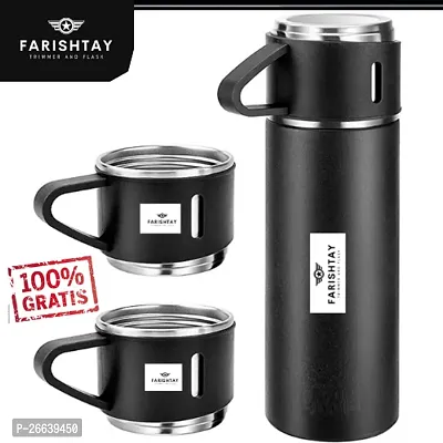 FARISHTAY  Double Wall Stainless Steel Thermo 500ml Vacuum Insulated Bottle Water Flask Gift Set with Two Cups Hot  Cold | Assorted Color | Diwali Gifts for Employees | Corporate Gift Items