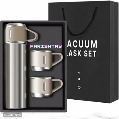 FARISHTAY   Double Wall Stainless Steel Vacuum Flask Set with 3 Steel Cups, Gift Box, Thermos, Coffee Hot Drink and Cold Drink Water Flask - 500ML (1 Pack)