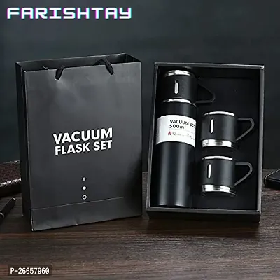 FARISHTAY   Double Wall Stainless Steel Vacuum Flask Set with 3 Steel Cups, Gift Box, Thermos, Coffee Hot Drink and Cold Drink Water Flask - 500ML (1 Pack)-thumb0