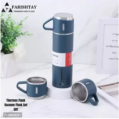 Double Wall Stainless Steel Thermo 500ml Vacuum Insulated Bottle Water Flask Gift Set with Two Cups Hot  Cold | Assorted Color-thumb0