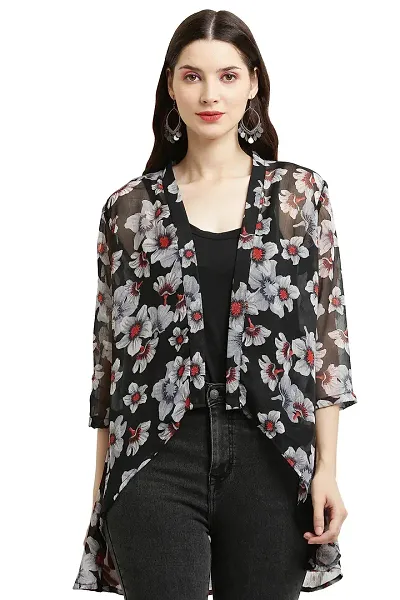 Craft Darbar Chiffon Shrugs for Women I 3/4 Sleeve I Front Open I Mid Length (Black + Flower_S)