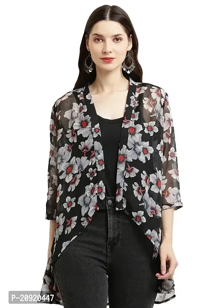 Craft Darbar Chiffon Printed Shrugs for Women I 3/4 Sleeve I Front Open I Mid Length (Black + White Flower_S)-thumb0