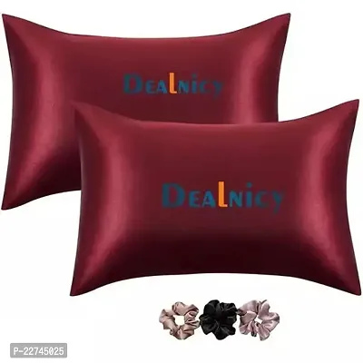 Stylish Satin Solid Pillow Cover Pack Of 2 With Scrunchies For Women 3-Piece