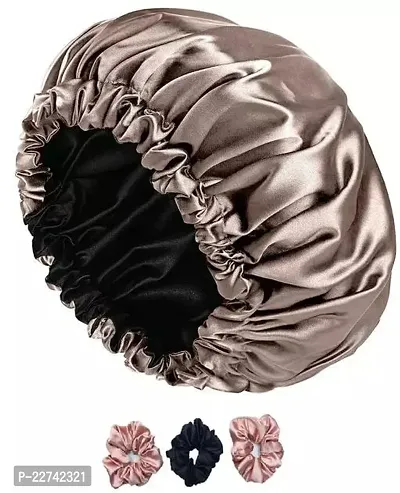 Silver Satin Silk Hair Bonnet Cap With 3 Primium Silk Satin Scrunchies