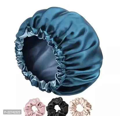 Blue Satin Silk Hair Bonnet Cap With 3 Primium Silk Satin Scrunchies