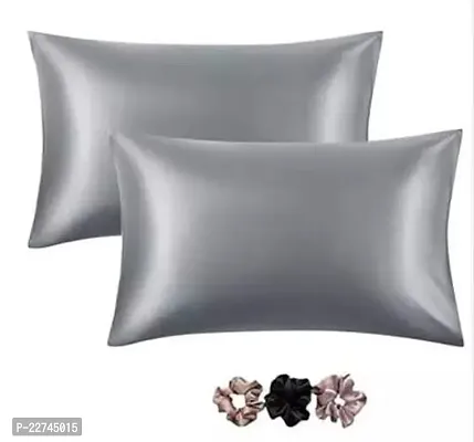 Stylish Satin Solid Pillow Cover Pack Of 2 With Scrunchies For Women 3-Piece-thumb0