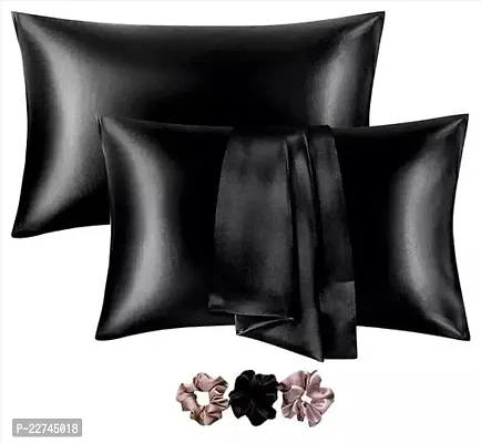 Stylish Satin Solid Pillow Cover Pack Of 2 With Scrunchies For Women 3-Piece