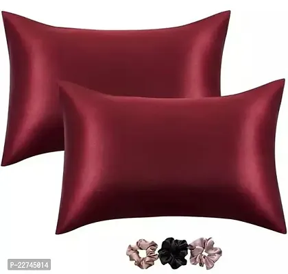 Stylish Satin Solid Pillow Cover Pack Of 2 With Scrunchies For Women 3-Piece-thumb0