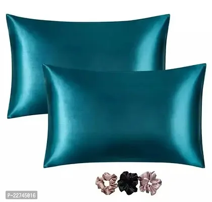 Stylish Satin Solid Pillow Cover Pack Of 2 With Scrunchies For Women 3-Piece-thumb0