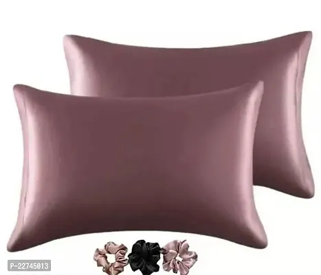 Stylish Satin Solid Pillow Cover Pack Of 2 With Scrunchies For Women 3-Piece-thumb0