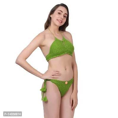 HANDMADE Women's Non Padded Bra Panty Combo Pack of Woolen Fancy Design Lingerie Set for Special Nights Women Sex Play Honeymoon Bedtime Valentine  Bridal Usage Made in India (30, HEENA GREEN)-thumb4