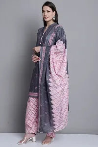 Elegant Grey Cotton Printed Straight Kurta, Bottom And Dupatta Set For Women-thumb2