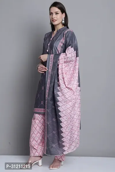 Elegant Grey Cotton Printed Straight Kurta, Bottom And Dupatta Set For Women-thumb3