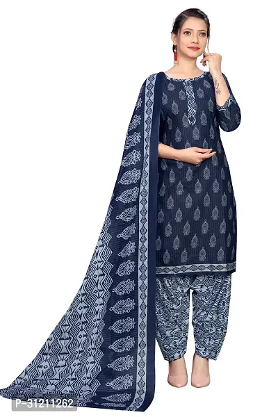 Elegant Navy Blue Cotton Printed Straight Kurta, Bottom And Dupatta Set For Women-thumb0