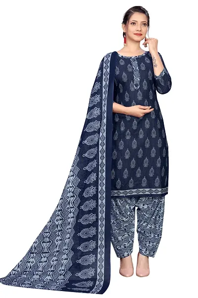 Stylish Cotton Blend Printed Kurta Bottom Dupatta Set