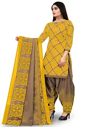 Elegant Yellow Cotton Printed Dress Material With Dupatta For Women-thumb1