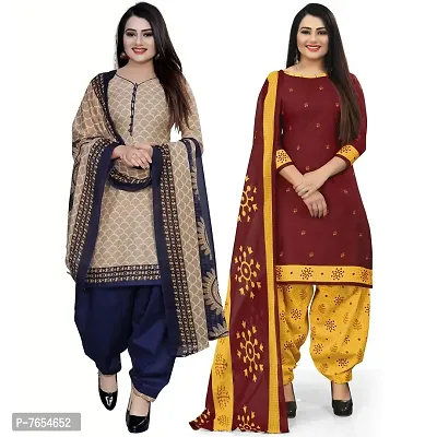 Rajnandini Women Beige And Maroon Cotton Printed Unstitched Salwar Suit Material (Combo Of 2)-thumb0