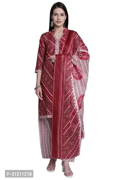 Elegant Maroon Cotton Printed Straight Kurta, Bottom And Dupatta Set For Women