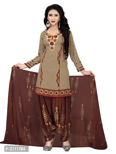 Beige Printed Cotton Dress Material with Dupatta-thumb0