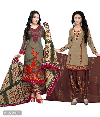 Brown And Beige Cotton Printed Dress Material (Combo Of 2)