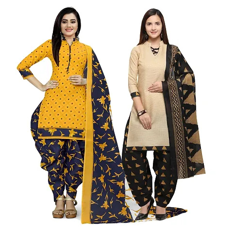 Stylish Cotton Multicoloured Printed Dress Material With Dupatta Set ( Combo Of 2 )