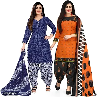 Women Beautiful Multicoloured Printed Cotton Dress Material With Dupatta (Pack Of 2)-thumb0