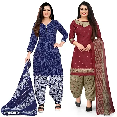 Women Beautiful Multicoloured Printed Cotton Dress Material With Dupatta (Pack Of 2)-thumb0