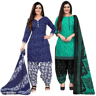 Women Beautiful Multicoloured Printed Cotton Dress Material With Dupatta (Pack Of 2)-thumb0